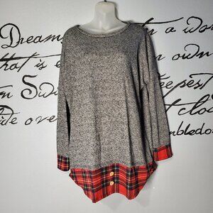 Egs California Charcoal Terry & Red Plaid Layered Long Sleeve Pullover Tunic